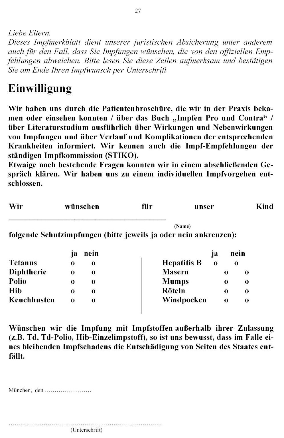 Das Formular fuer die Einwilligung der Eltern